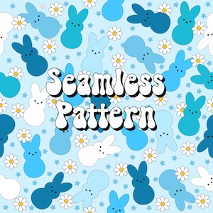 May include: A seamless pattern featuring blue and white pastel-colored bunnies, white daisies, and blue stars on a light blue background. The text "Seamless Pattern" is written in a retro font.