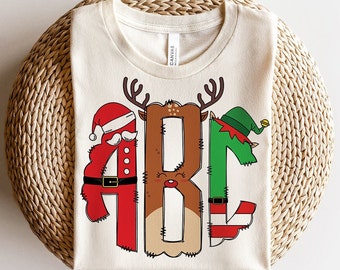 CHRISTMAS Monogram Letters, Reindeer Elf Santa Clause Sublimation PNG Elements Hand Drawn Doodle Alpha Bundle, Sublimation Font PNG