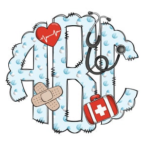 Letras de monograma de enfermera, elementos PNG de sublimación médica dibujados a mano paquete Doodle Alpha, fuente de sublimación RN de enfermera registrada PNG