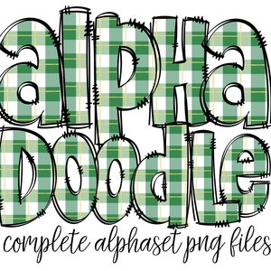 Letras Doodle Verde Gingham, Pacote Alfa Doodle Desenhado à Mão Xadrez, Fonte de Sublimação PNG, Números e Alfabeto Estampados,