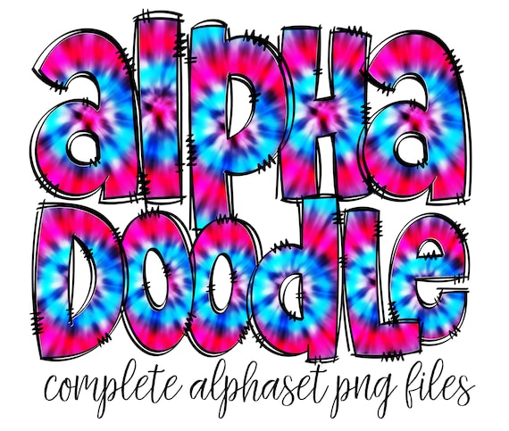 Alpha Pack Digital Download Hand Drawn Alphabet Rainbow Tie Dye Skinny Doodle Letters Alphabet Bundle PNG Sublimation Blanks