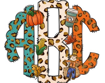 Fall Monogram Letters, Autumn Leaves Sublimation PNG Elements Hand Drawn Doodle Alpha Bundle, Leopard Boho Pumpkin Sublimation Font PNG
