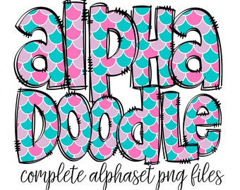 Mermaid Doodle Alphabet Letters PNG Bundle, Mermaid Scales Hand Drawn Alphabet Doodle, Sublimation Alpha Set Designs PNG
