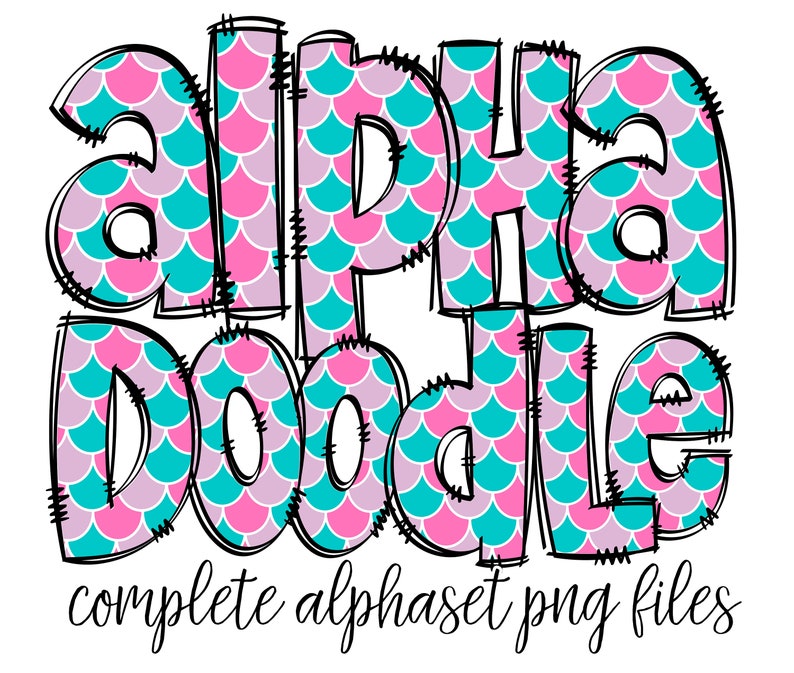 Mermaid Doodle Alphabet Letters PNG Bundle, Mermaid Scales Hand Drawn ...
