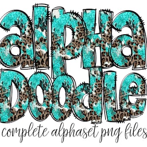Turquoise Western Alphabet Letters PNG Bundle, Country Leopard Print Doodle Letters, Hand Drawn Alphabet Doodle, Alpha Set Designs PNG