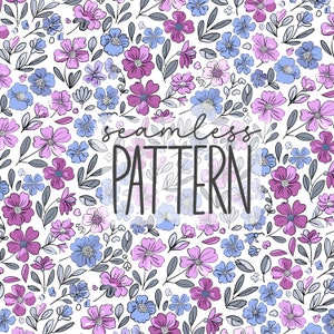 May include: A seamless pattern featuring a white background with a variety of purple and blue flowers and gray leaves. The text "seamless pattern" is written in black on a white background.