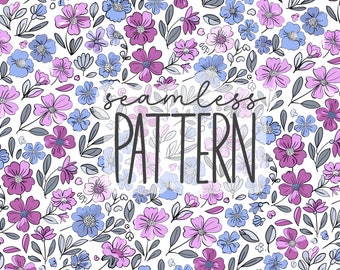 Purple & Teal Spring Wildflowers, Floral Repeating Pattern Digital Papers, Summer Hand Drawn Watercolor Boho Fabric Printing, Background PNG