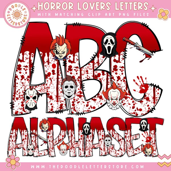 Horror Movie Lover with Clip Art PNG Files, Bloody Serial Killer Halloween Doodle Alpha Halloween Sublimation Alphabet Doodle Set PNG
