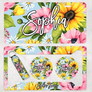 Floral Add Your Name Car Sublimation Designs, Car Coaster Bundle PNG, Licence Plate Holder Frames, Key Fob Wristlet Keychain Sunflower Daisy
