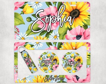 Floral fügen Sie Ihren Namen hinzu Auto-Sublimationsentwürfe, Auto-Untersetzer-Bündel PNG, Lizenzschild-Halter-Rahmen, Schlüsselanhänger Armband Schlüsselbund Sonnenblumen-Gänseblümchen
