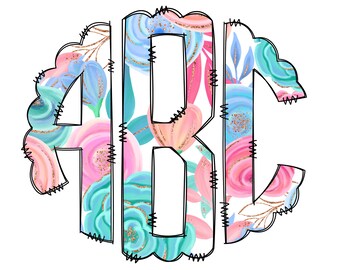 Floral Pink Monogram PNG File, Sublimation Monogram, Monogram Clipart, Doodle Letters, Hand Drawn Alphaset, Scalloped Alphabet PNG