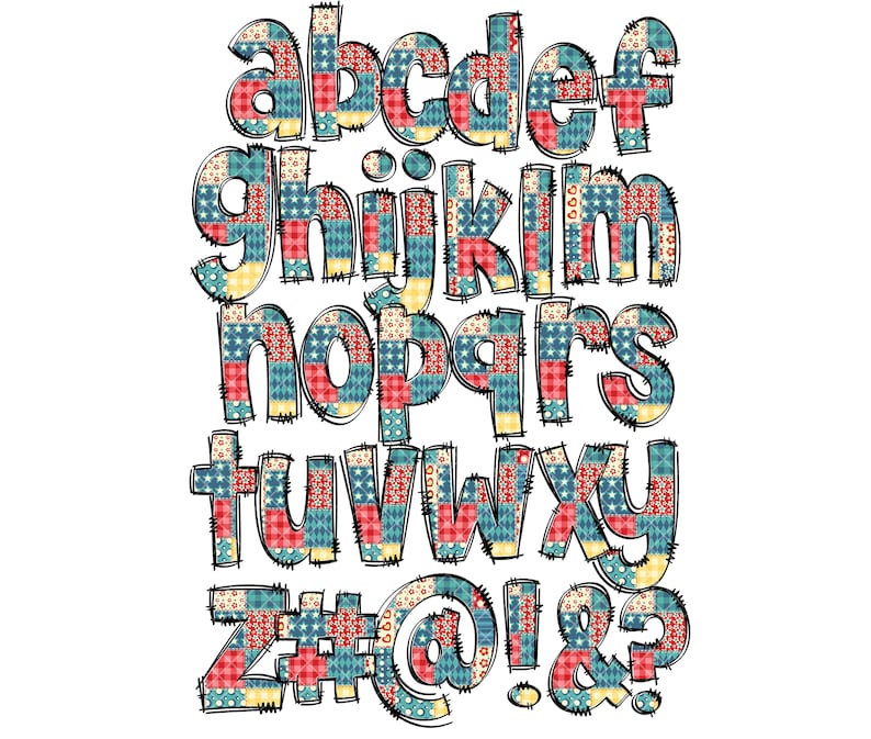 K&ouml;nnte beinhalten: Ein Patchwork-Alphabet mit den Buchstaben a bis z, Zahlen und Symbolen. Die Buchstaben sind schwarz umrandet und haben einen gen&auml;hten Look. Das Patchwork-Design zeigt rote, blaue, gelbe und wei&szlig;e Quadrate.