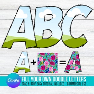 Fill your own Doodle Letters on CANVA with Commercial Use Drag and Drop Alphabet Split Monogram Letters PNG Editable Canva Frame Designs