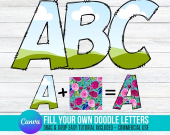 Fill your own Doodle Letters on CANVA with Commercial Use Drag and Drop Alphabet Split Monogram Letters PNG Editable Canva Frame Designs
