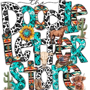 Letras del alfabeto de garabatos de estilo country western, sublimación, clipart PNG, juego de letras alfa de la A a la Z de la vaquera, ...