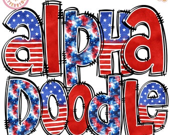 4TH July USA Flag Doodle Letters PNG Bundle, Red White & Blue Digital Design, Summer Print Watercolor, Sublimation Designs, Commercial Use