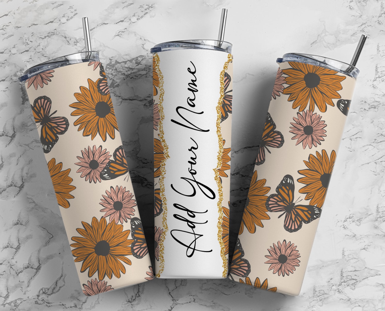 Boho Flowers 70s Add Your Own Text Name Monogram Sublimation Tumbler ...