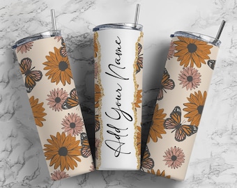 Boho Flowers 70s Add Your Own Text Name Monogram Sublimation Tumbler Designs Floral - 20oz Skinny Tumbler Wraps Templates - PNG 71 PATTERN