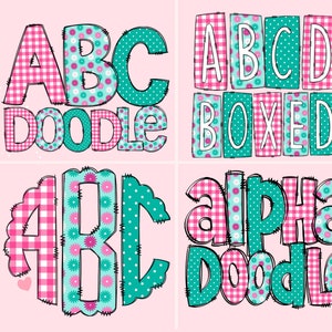 Paquete de letras Mega Doodle de flores de primavera, conjunto de alfabetos florales de colores brillantes, letras de imágenes prediseñadas, paquetes de monogramas de doodle de niña PNG