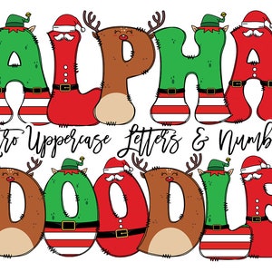 Christmas Doodle Letters and Numbers, Uppercase Alphabet Set, Retro Christmas Sublimation Letters, Santa, Elf, Reindeer Xmas Holidays PNG