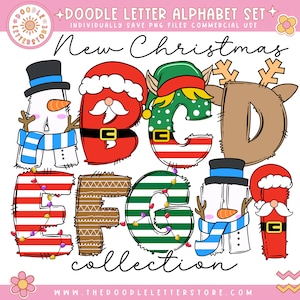 Letras de Doodle de Clip Art de Natal, Conjunto de Alfabeto Maiúsculo, Letras de Sublimação de Natal Retro, Feriados de Natal do Papai Noel PNG