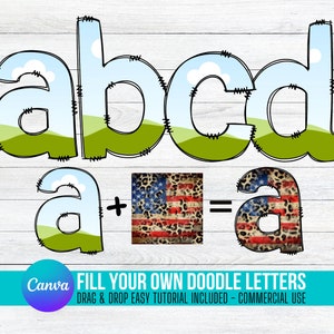 Minúsculas - Preencha suas próprias letras de rabisco no CANVA, letras do alfabeto Alphaset de sublimação, arraste e solte, designs de molduras editáveis do Canva PNG