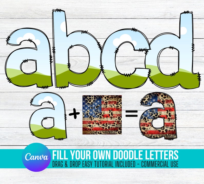 May include: A digital download of doodle letters in the shape of the alphabet. The letters are outlined in black and have a green, blue, and white background. The letters are designed to be filled in with colors or patterns. The image includes the text "FILL YOUR OWN DOODLE LETTERS" and "DRAG & DROP EASY TUTORIAL INCLUDED - COMMERCIAL USE".