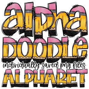 Lápis Professor Doodle letras, De volta às aulas, Doodle desenhado à mão Alpha Bundle Números modelados e alfabeto Doodle Set Fonte de sublimação PNG,