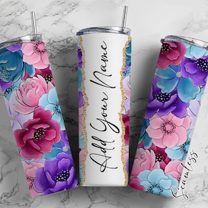 Big Flower Pattern, Watercolor Florals Add Your Own Name, 20oz Sublimation Tumbler Designs, Skinny Tumbler Wraps Template - 53