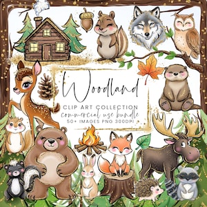 May include: Woodland clip art collection with over 50 images in PNG format at 300 DPI.  The images include a cabin, deer, squirrel, bear, fox, moose, owl, wolf, otter, skunk, hedgehog, rabbit, and more.  The images are perfect for creating invitations, cards, scrapbook pages, and other crafts.