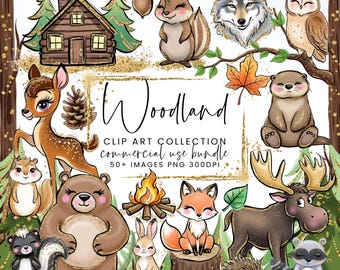 Waldtiere Aquarell Clip Art PNG, Fuchs, Bär, Wald, Wald, Kaninchen, Eichhörnchen, Glitter, Clip Art Bundle für kommerzielle Nutzung #WACA1