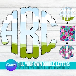 Preencha suas próprias letras de monograma DOODLE no CANVA com letras do alfabeto Alphaset de arrastar e soltar permitidas para uso comercial Moldura Canva editável