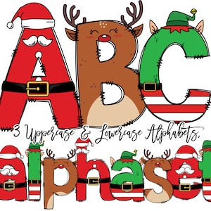 Christmas Doodle letters, Santa Sublimation Font, Xmas Doodle Alpha Bundle, Reindeer Elf Santa Clause Numbers & Alphabet Doodle Set PNG