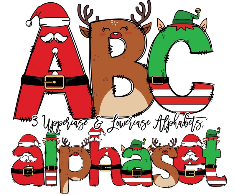 Christmas Doodle letters, Santa Sublimation Font, Xmas Doodle Alpha Bundle, Reindeer Elf Santa Clause Numbers & Alphabet Doodle Set PNG image 1