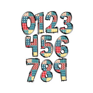 K&ouml;nnte beinhalten: Ein Satz bunter Patchwork-Zahlen von 0 bis 9 in einem rot-wei&szlig;-blauen Farbschema. Die Zahlen sind schwarz umrandet und haben einen leicht abgenutzten Look.