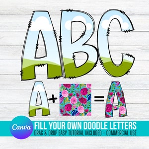 Fill your own Doodle Letters on CANVA with Commercial Use Allowed. Drag and Drop Alphaset Alphabet Letters PNG Editable Canva Frame Designs