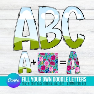 Rellena tus propias letras Doodle en CANVA con uso comercial permitido. Arrastra y suelta letras del alfabeto Alphaset PNG Diseños de marcos editables para Canva