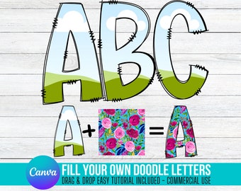 Complete sus propias Doodle Letters en CANVA con uso comercial permitido. Arrastrar y soltar letras del alfabeto Alphaset PNG Diseños de marcos de Canva editables