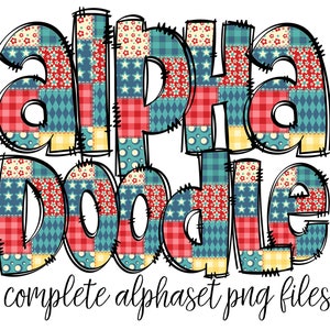 Pacote de letras PNG de retalhos Doodle, colcha rústica brilhante mão desenhada alfabeto Doodle, sublimação Alpha Set Designs PNG