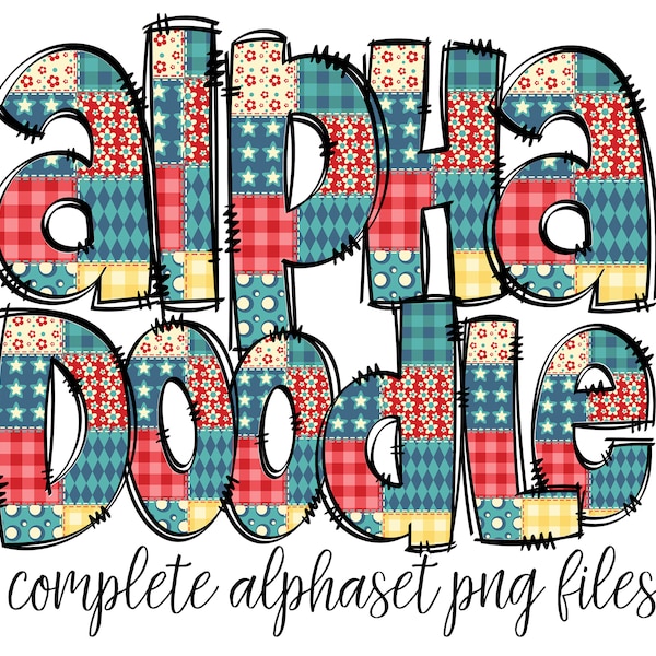 Patchwork Doodle Letters PNG Bundle, Quilt Rustic Bright Hand Drawn Alphabet Doodle, Sublimation Alpha Set Designs PNG