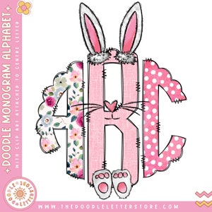 May include: Pink, white, and floral monogram letters A, R, and C with a bunny rabbit head and feet in the center. The letters are outlined in black and have a stitched look. The bunny has a pink nose and a heart-shaped mouth.