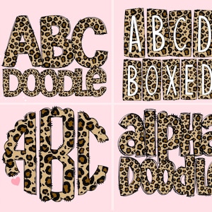 May include: A set of leopard print alphabet letters in various styles. The letters are in a brown and tan leopard print pattern. The letters are in a doodle style font. The letters are individually saved as PNG files.