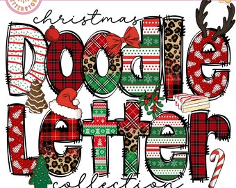 Christmas Clip Art + Doodle Letters and Numbers, Uppercase Alphabet Set, Retro Christmas Sublimation Letters, Santa Xmas Holidays PNG