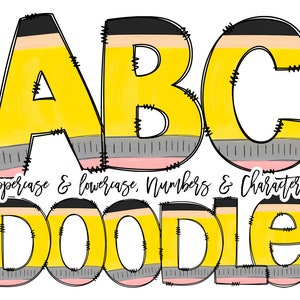 Teacher Doodle letters, Back to School, Pencil Hand Drawn Doodle Alpha Bundle Patterned Numbers & Alphabet Doodle Set Sublimation Font PNG,