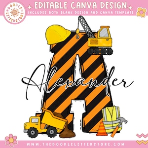 Letra de doodle de construcción editable, PLANTILLA CANVA, crea tu propio nombre, personaliza el diseño de nombre personalizado para la camiseta de fiesta de cumpleaños de niño