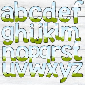 May include: A set of alphabet letters with a sky and grass background. The letters are outlined in black and have a white, blue, and green color scheme.