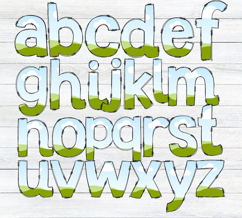 May include: A set of alphabet letters with a sky and grass background. The letters are outlined in black and have a white, blue, and green color scheme.