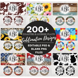 200+ Licence Plate & Car Coaster Bundle with Editable PSD Monograms, Car Sublimation, Dropbox Drive, Sublimation Designs, Car Coasters PNG