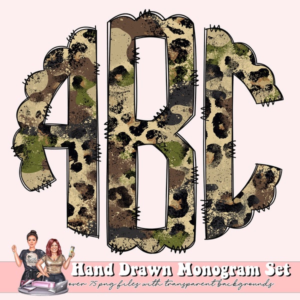 Camo Monogram Full Alphabet Individually Saved Monogram Letters, Circle Monogram Scalloped Round Left Middle & Right, Doodle Letters PNG