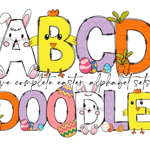 Easter Alphabet Letters PNG Bundle, Easter Eggs, Spring Floral, Easter Bunny, Hand Drawn Doodle, Carrot Sublimation Alpha Set Designs PNG